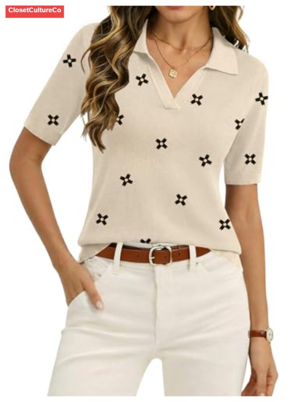 Zeagoo Womens Polo Sweater Short Sleeve V Neck Knit Business Casual Top